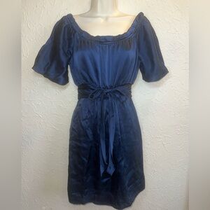 BCBG navy Blue Off-Shoulder 100% silk Mini cocktail Dress with waist details